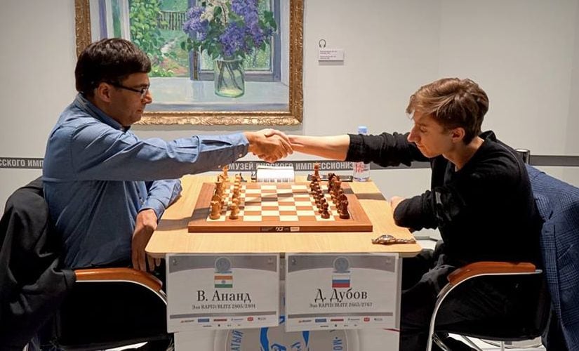 Viswanathan Anand Anand during his first round game against Danil Dubov. Image Courtesy: Amruta Mokal, Chessbase India
