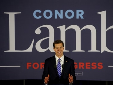 U.S. Democratic congressional candidate Conor Lamb speaks during his election night rally in Pennsylvania's 18th U.S. Congressional district special election against Republican candidate and State Rep. Rick Saccone, in Canonsburg, Pennsylvania, March 13, 2018. REUTERS/Brendan McDermid - RC1BED6CBBB0
