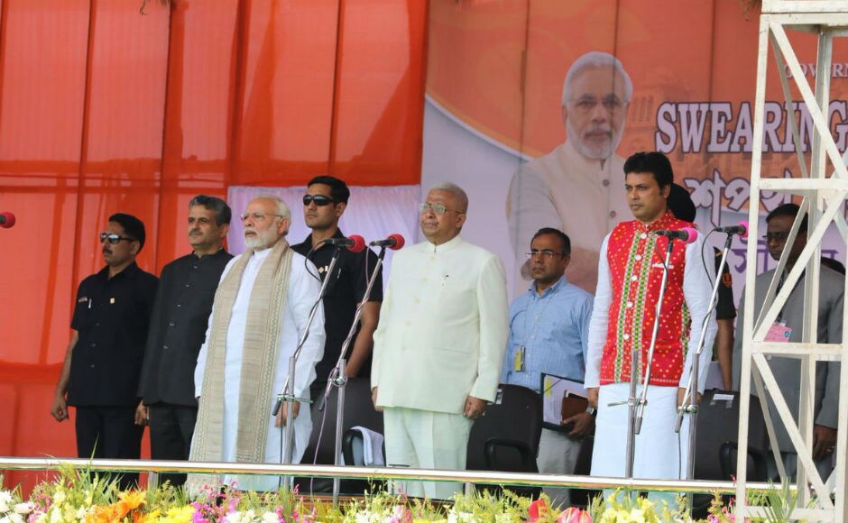 The ceremony, held at the Assam Rifles ground, was attended by Prime Minister Narendra Modi, BJP chief Amit Shah, Union home minister Rajnath Singh, senior BJP leaders Lal Krishna Advani and Murli Manohar Joshi. Twitter @narendramodi The ceremony, held at the Assam Rifles ground, was attended by Prime Minister Narendra Modi, BJP chief Amit Shah, Union home minister Rajnath Singh, senior BJP leaders Lal Krishna Advani and Murli Manohar Joshi. Twitter @narendramodi