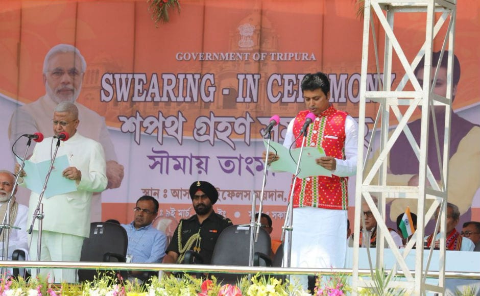Governor Tathagata Roy administered the oath of office to Biplab Deb. BJP leader Jishnu Deb Burman took oath as deputy chief minister. Seven other ministers, including Indigenous People's Front of Tripura (IPFT) chief NC Debbarma also took oath as ministers. Twitter @narendramodi Governor Tathagata Roy administered the oath of office to Biplab Deb. BJP leader Jishnu Deb Burman took oath as deputy chief minister. Seven other ministers, including Indigenous People's Front of Tripura (IPFT) chief NC Debbarma also took oath as ministers. Twitter @narendramodi