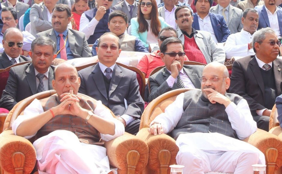 Union home minister Rajnath Singh, BJP president Amit Shah, Manipur chief minister N Biren Singh, Assam chief minister Sarbananda Sonowal, and BJP national spokesperson Nalin Kohli were present at the swearing-in ceremony. Twitter @AmitShah Union home minister Rajnath Singh, BJP president Amit Shah, Manipur chief minister N Biren Singh, Assam chief minister Sarbananda Sonowal, and BJP national spokesperson Nalin Kohli were present at the swearing-in ceremony. Twitter @AmitShah
