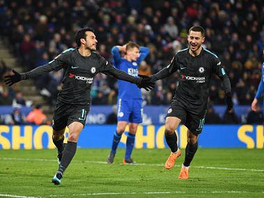 Pedro celebrates scoring Chelsea's winner against Leicester City. Image courtesy: Twitter @ChelseaFC