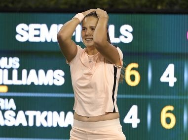 Daria Kasatkina reacts after defeating Venus Williams in the semifinal of Indian Wells. AP