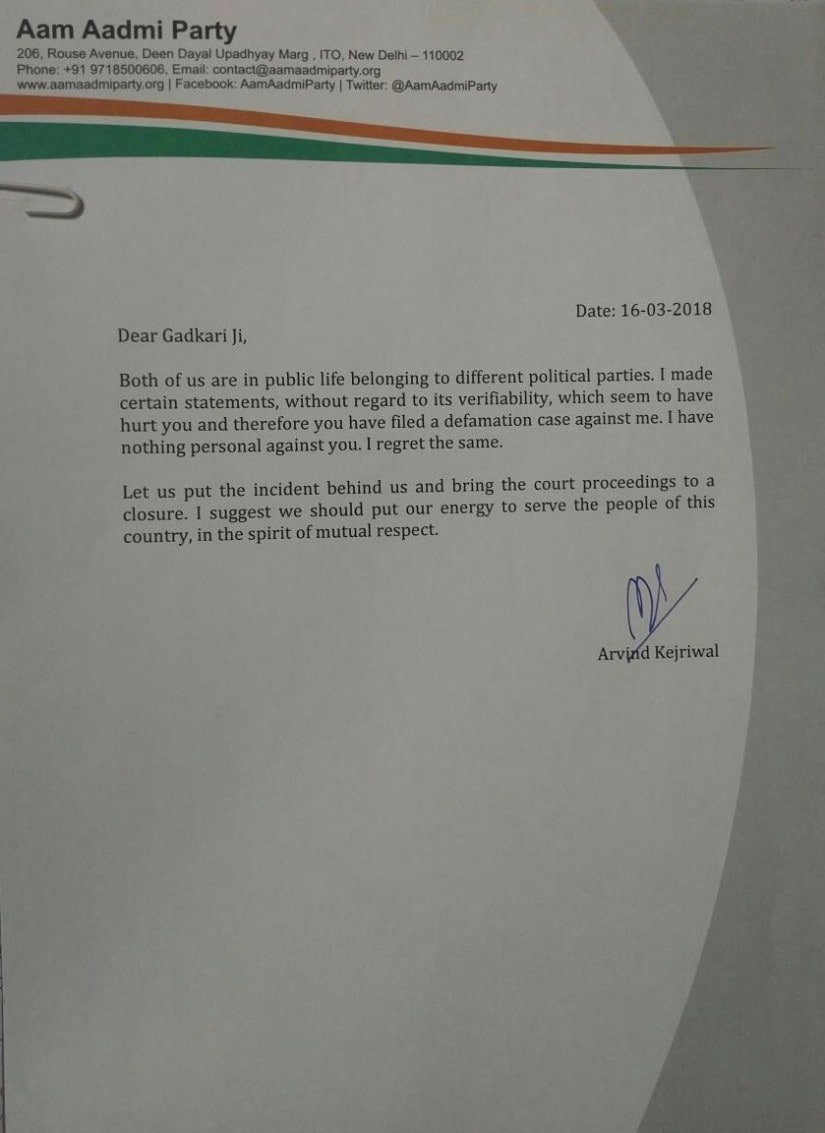 Arvind kejriwal's apology letter to Nitin Gadkari. News18