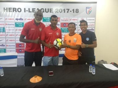 From Left: Churchill Brothers' Osagie Monday, coach Alfred Fernandes, Minerva Punjab coach Wangkhem Khogen Singh and Rahul Das. Courtesy: Firstpost