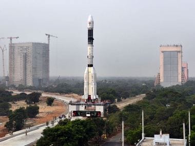 Panoramic view of GSLV-F08 on the Mobile Launch Pedestal with the Vehicle Assembly Building in the background. ISRO