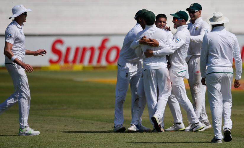 South Africa’s Keshav Maharaj celebrates the dismissal of Australian captain Steven Smith in Durban. AFP