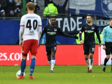 Hertha Berlin's Salomon Kalou celebrates scoring their second goal. Reuters