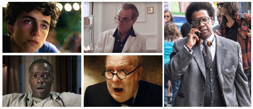 Oscars Best Actor nominees: Timothée Chalamet (Call Me by Your Name), Daniel Day-Lewis (Phantom Thread), Daniel Kaluuya (Get Out), Gary Oldman (Darkest Hour), Denzel Washington (Roman J. Israel, Esq.)