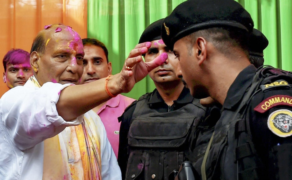 Home Minister Rajnath Singh celebrated holi with National Security Guards (NSG) commandos. The home minister also greeted the nation on this occasion, urging them to enjoy a safe and happy festival of colours.<br />PTI Home Minister Rajnath Singh celebrated holi with National Security Guards (NSG) commandos. The home minister also greeted the nation on this occasion, urging them to enjoy a safe and happy festival of colours.<br />PTI