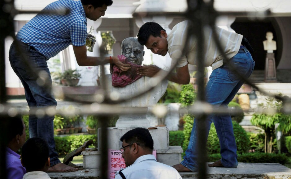 Meanwhile, the bust of Jana Sangh founder Shyama Prasad Mookherjee was found defaced on Wednesday morning in Kolkata. PTI Meanwhile, the bust of Jana Sangh founder Shyama Prasad Mookherjee was found defaced on Wednesday morning in Kolkata. PTI