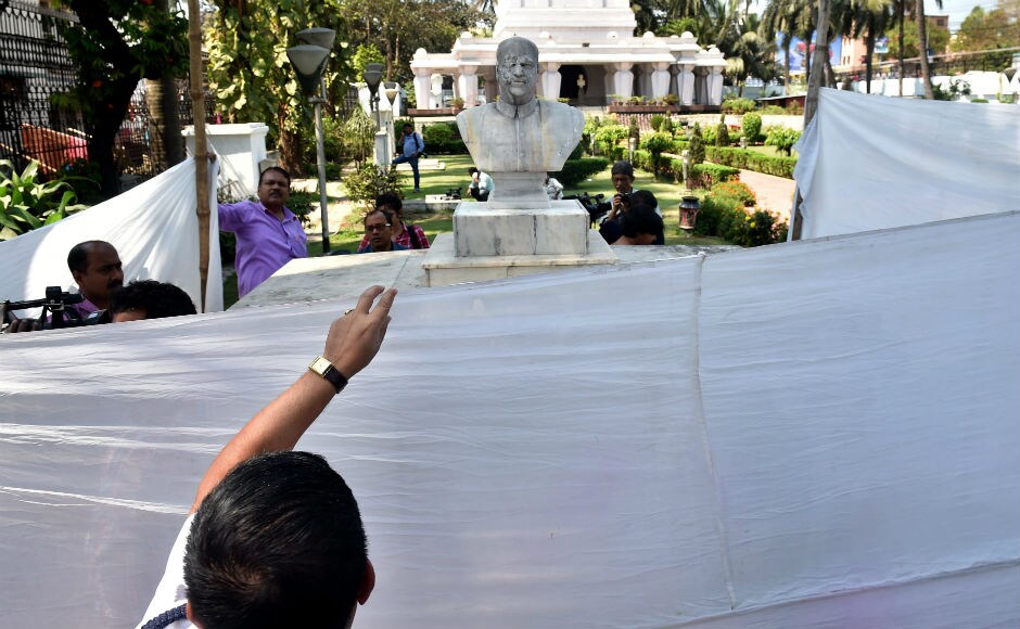 The statue was found partially damaged and its face blackened. A poster was also found from the spot with the word The statue was found partially damaged and its face blackened. A poster was also found from the spot with the word