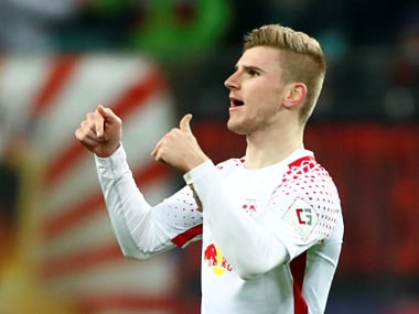 Soccer Football - Bundesliga - RB Leipzig vs Schalke 04 - Red Bull Arena, Leipzig, Germany - January 13, 2018 RB Leipzig's Timo Werner celebrates scoring their second goal REUTERS/Hannibal Hanschke DFL RULES TO LIMIT THE ONLINE USAGE DURING MATCH TIME TO 15 PICTURES PER GAME. IMAGE SEQUENCES TO SIMULATE VIDEO IS NOT ALLOWED AT ANY TIME. FOR FURTHER QUERIES PLEASE CONTACT DFL DIRECTLY AT + 49 69 650050 - RC11B85B1760