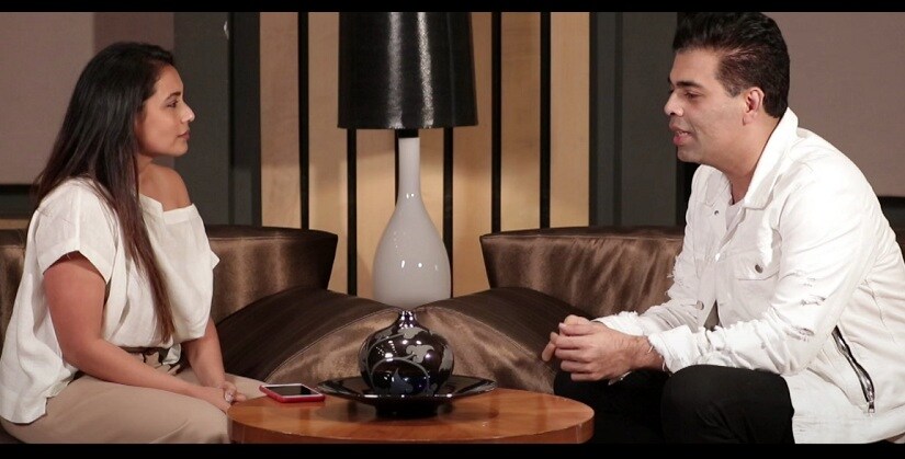 Rani Mukherji (L) and Karan Johar (R) during the Hichki promotional interview