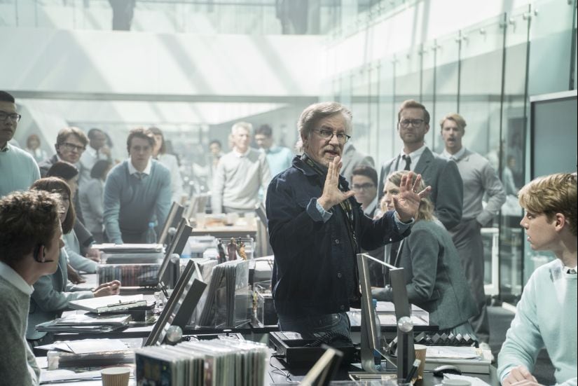 This cover image released by Warner Bros. Pictures shows director Steven Spielberg on the set of "Ready Player One." (Jaap Buitendijk/Warner Bros. Pictures via AP)