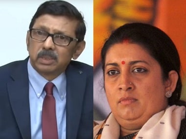 File image of Prasar Bharati CEO Surya Prakash and I&B minister Smriti Irani. AFP/YouTube