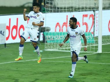 Chennaiyin FC players celebrate a goal against FC Goa. Image courtesy: Twitter/@ChennaiyinFC