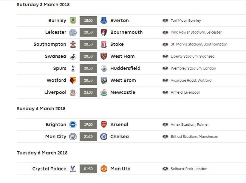 Gameweek 29 fixtures