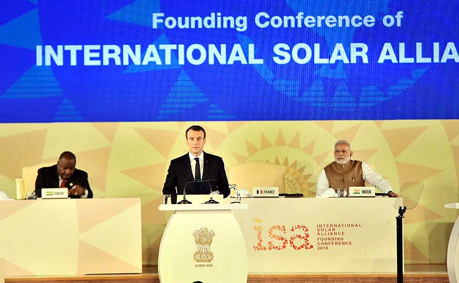 French President Emmanuel Macron, who co-chaired the conference with Modi, announced an additional investment of 700 million euros for global solar energy generation by 2022 to reduce the use of fossil fuel and help combat climate change. PTI French President Emmanuel Macron, who co-chaired the conference with Modi, announced an additional investment of 700 million euros for global solar energy generation by 2022 to reduce the use of fossil fuel and help combat climate change. PTI