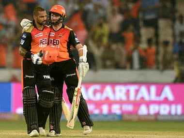Sunrisers Hyderabad cricketer Shikhar Dhawan (L) and captain Kane Williamson celebrate after victory. AFP 