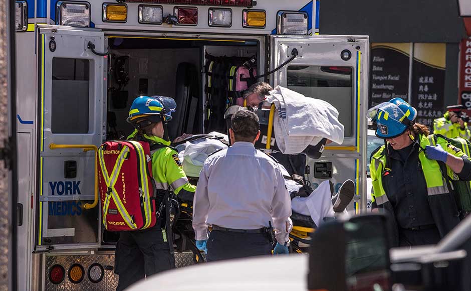 It took place in broad daylight around 16 kilometres (10 miles) from a conference centre hosting a meeting of G7 ministers, but officials said they had no evidence of a link to the event. An injured person is put into the back of an ambulance in Toronto after the attack. AP It took place in broad daylight around 16 kilometres (10 miles) from a conference centre hosting a meeting of G7 ministers, but officials said they had no evidence of a link to the event. An injured person is put into the back of an ambulance in Toronto after the attack. AP