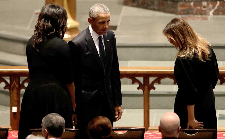 Four of the five living ex-presidents attended the funeral service, including former president Barack Obama and his wife, former first lady Michelle Obama, as well as former president Bill Clinton and his wife, former secretary of state Hillary Clinton. The Clintons' daughter, Chelsea, was also in attendance. Reuters Four of the five living ex-presidents attended the funeral service, including former president Barack Obama and his wife, former first lady Michelle Obama, as well as former president Bill Clinton and his wife, former secretary of state Hillary Clinton. The Clintons' daughter, Chelsea, was also in attendance. Reuters
