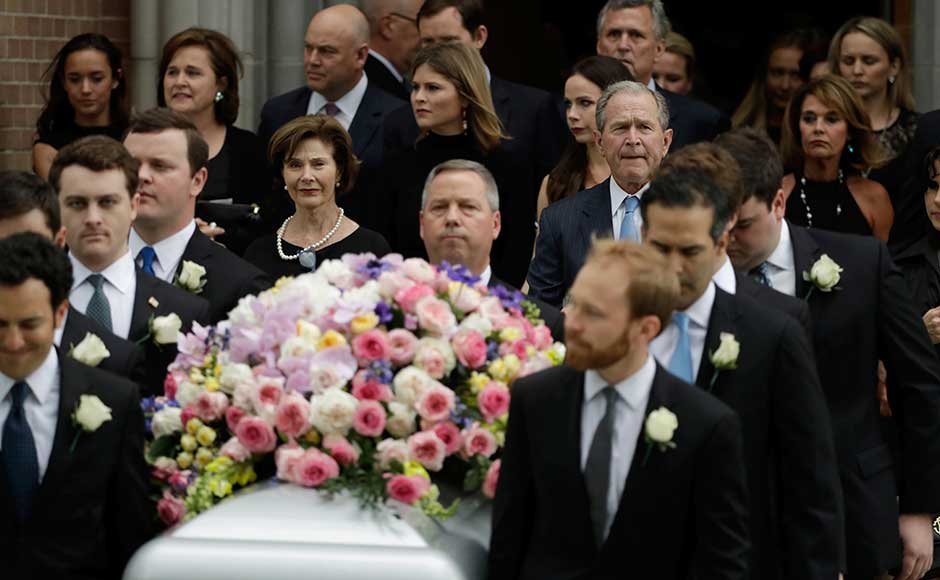 Following the service, Bush's grandsons carried the casket out of the church. The Bush family then drove by motorcade about 70 miles to the grounds of the George HW Bush Presidential Library in College Station, Texas, where she will be buried. AP Following the service, Bush's grandsons carried the casket out of the church. The Bush family then drove by motorcade about 70 miles to the grounds of the George HW Bush Presidential Library in College Station, Texas, where she will be buried. AP
