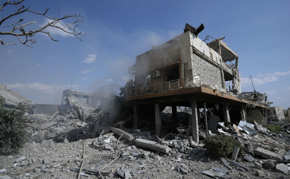 The attack began on early Saturday morning with missiles hitting the eastern suburbs of Damascus, shaking the grounds from a distance. Some 100 Tomahawk missiles were launched from sea and by air at Syrian facilities. AP The attack began on early Saturday morning with missiles hitting the eastern suburbs of Damascus, shaking the grounds from a distance. Some 100 Tomahawk missiles were launched from sea and by air at Syrian facilities. AP