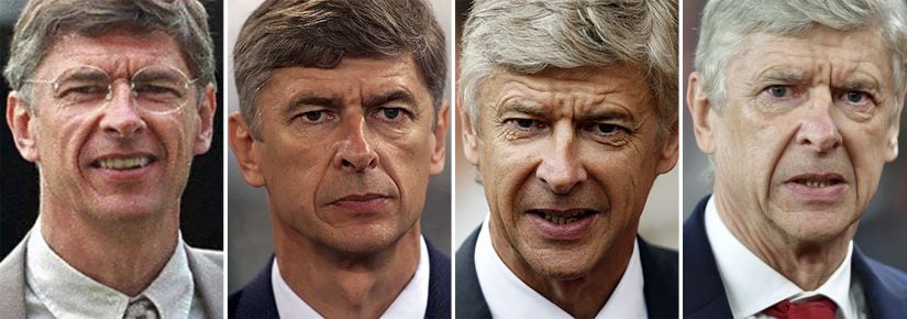 Arsenal's manager Arsene Wenger in June 1997 (left), in October 2000 (second from left), in August 2009 and in March 2018. AFP