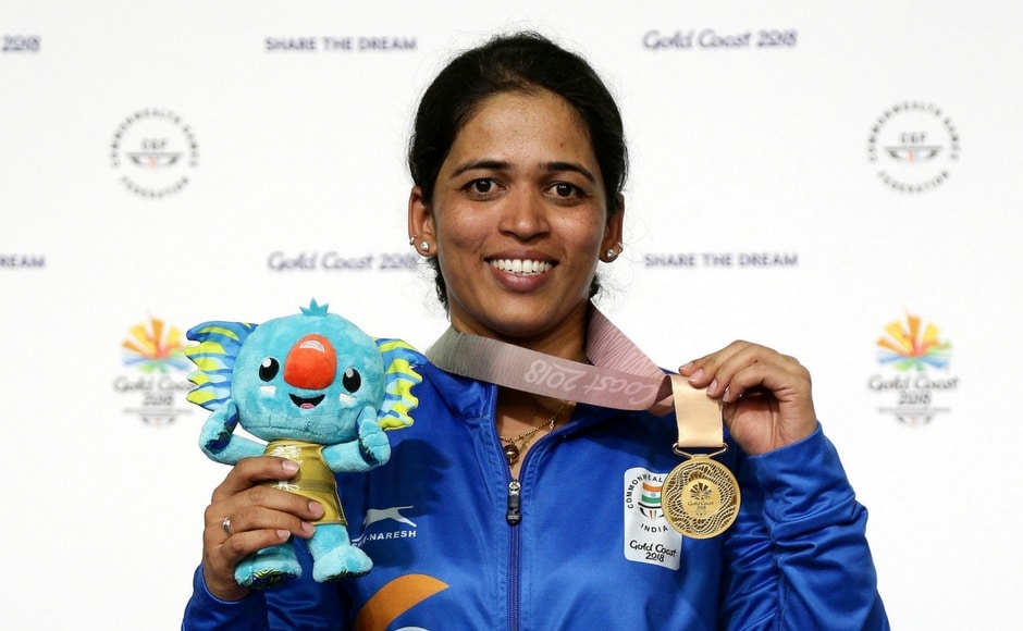 Tejaswini Sawant of India poses with the gold medal she won in the women's 50m Rifle 3P final at the Belmont Shooting Centre during the 2018 Commonwealth Games. AP Tejaswini Sawant of India poses with the gold medal she won in the women's 50m Rifle 3P final at the Belmont Shooting Centre during the 2018 Commonwealth Games. AP