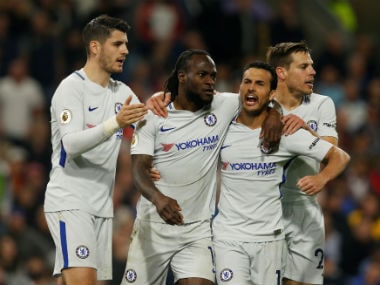 Chelsea's Victor Moses celebrates scoring their second goal with Pedro, Alvaro Morata and Cesar Azpilicueta. Reuters