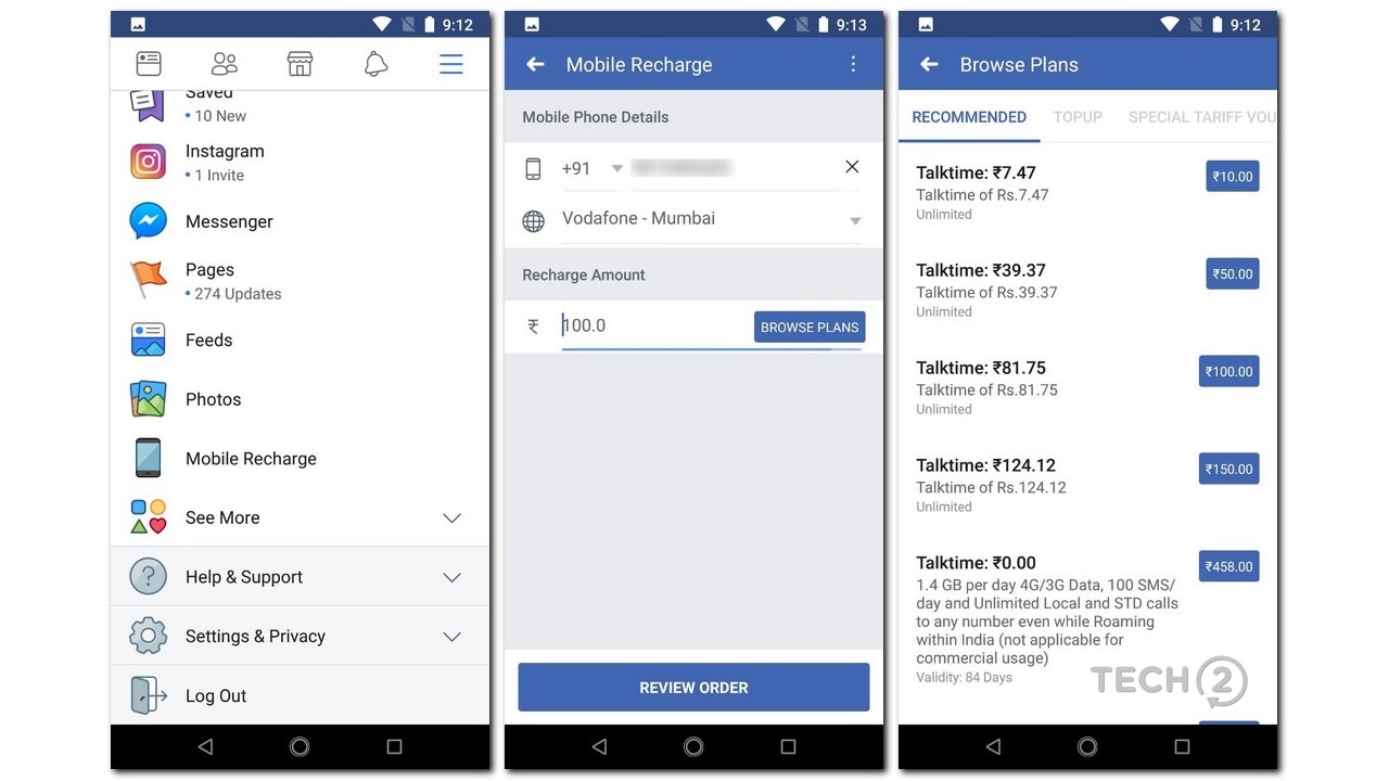 Facebook's new mobile recharge feature is now available on Android.