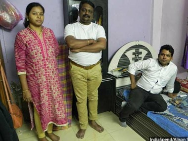 Gauri (left) and Shahaji (centre) Sonawane at their lawyer, Amit Katarnavare’s house in Railway colony, Juinagar, Navi Mumbai. Image courtesy: IndiaSpend
