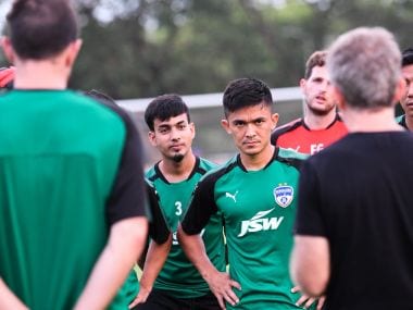 Bengaluru FC players during a training session ahead of the Super Cup final. Courtesy: Twitter/ @bengalurufc