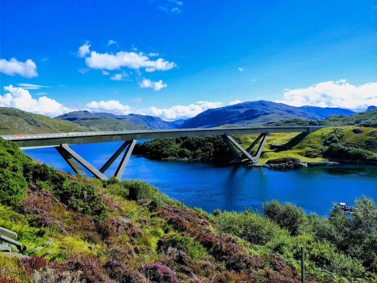 The Kylesku Bridge is a distinctively curved bridge in north-west Scotland.