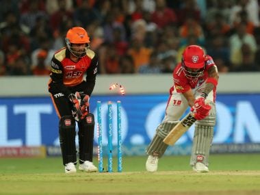 KL Rahul of Kings XI Punjab gets bowled against Sunrisers Hyderabad. SPORTZPICS