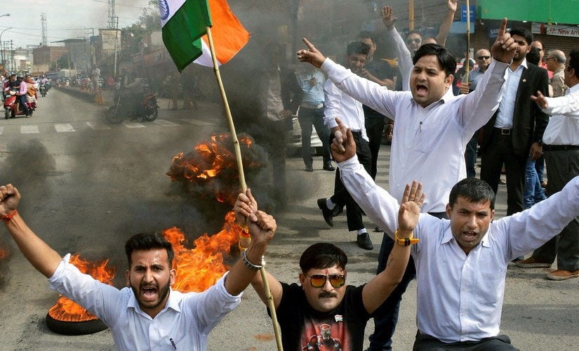 Members of Bar Association of Jammu protesting during Jammu Bandh on 11 April. PTI