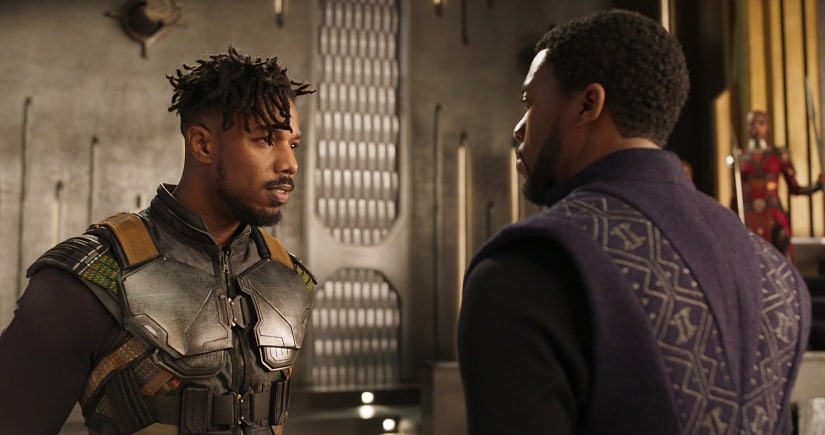 Michael B Jordan as Erik Killmonger (L) and Chadwick Boseman as T’Challa (R) in Black Panther. Marvel Studios