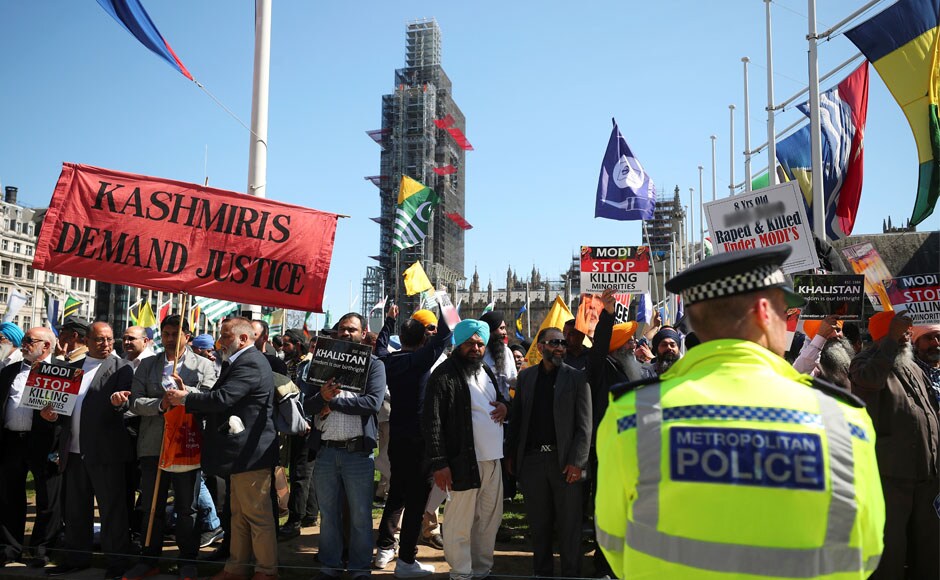 A UK foreign and commonwealth office spokesperson said they were disappointed with the action taken by the group and have contacted High Commissioner Yashvardhan Kumar Sinha. Demonstrators were joined by other protesters carrying images of the eight-year-old rape victim from Kathua in Jammu and Kashmir, and Gauri Lankesh. Reuters A UK foreign and commonwealth office spokesperson said they were disappointed with the action taken by the group and have contacted High Commissioner Yashvardhan Kumar Sinha. Demonstrators were joined by other protesters carrying images of the eight-year-old rape victim from Kathua in Jammu and Kashmir, and Gauri Lankesh. Reuters
