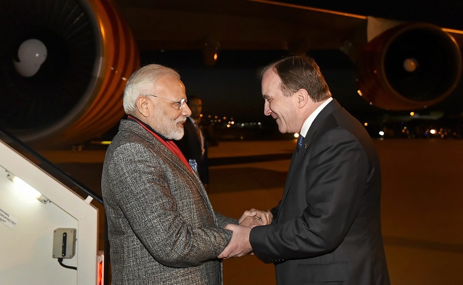 He was received by Prime Minister of Sweden, Stefan Lofven, on his arrival at the airport. PTI He was received by Prime Minister of Sweden, Stefan Lofven, on his arrival at the airport. PTI