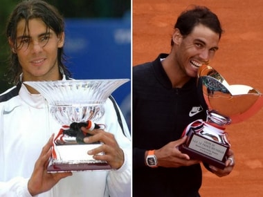Rafael Nadal with his first Mote Carlo trophy in 2005 (left) and his 10th in 2017 (right). Reuters