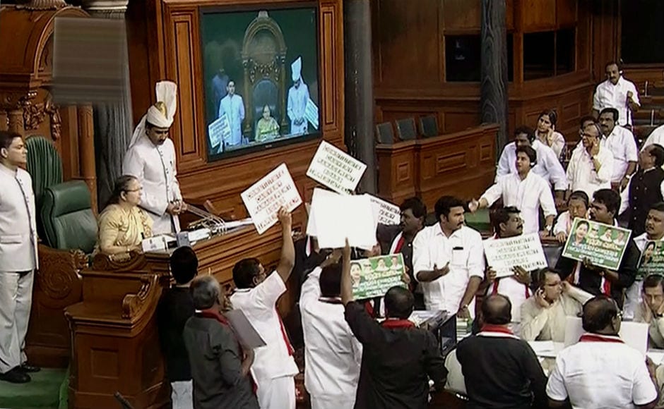 Protests began Lok Sabha soon after it commenced, with AIADMK members carrying placards trooped into the Well shouting slogans such as 'we want justice' and 'we demand Cauvery board'. PTI Protests began Lok Sabha soon after it commenced, with AIADMK members carrying placards trooped into the Well shouting slogans such as 'we want justice' and 'we demand Cauvery board'. PTI