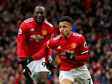 Manchester United's Alexis Sanchez celebrating second goal with Romelu Lukaku. Reuters