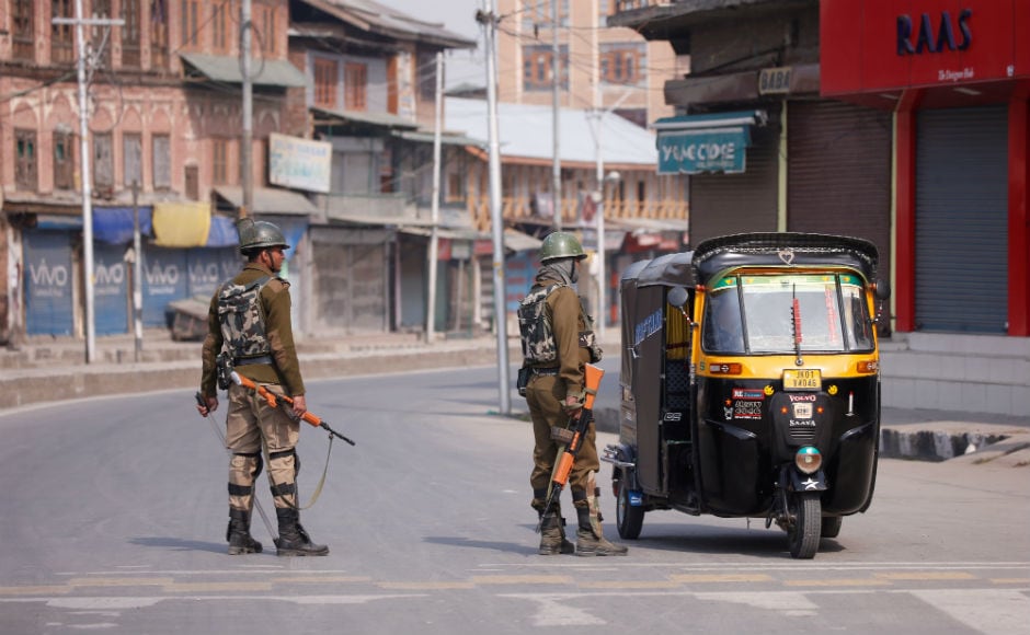 Heavy contingents of police and the paramilitary Central Reserve Police Force (CRPF) were deployed. Shops, public transport, businesses and educational institutions remained closed in the Valley for the second consecutive day. Reuters Heavy contingents of police and the paramilitary Central Reserve Police Force (CRPF) were deployed. Shops, public transport, businesses and educational institutions remained closed in the Valley for the second consecutive day. Reuters
