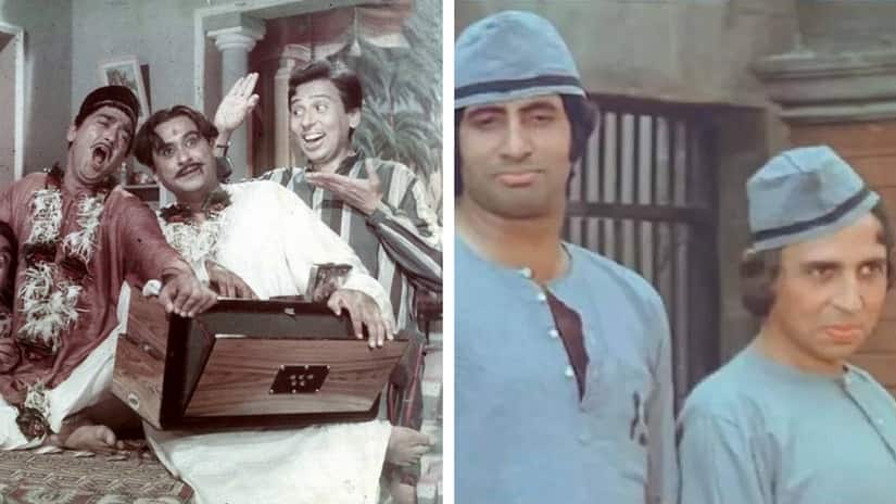 Veteran actor Raj Kishore in Padosan (left) and Sholay (right). Facebook