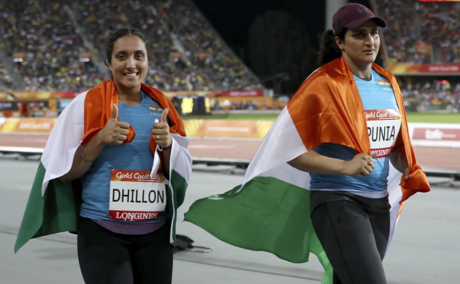 Women's discus silver medalist India's Seema Punia right, and bronze medalist and compatriot Navjeet Dhillon celebrate. AP Women's discus silver medalist India's Seema Punia right, and bronze medalist and compatriot Navjeet Dhillon celebrate. AP