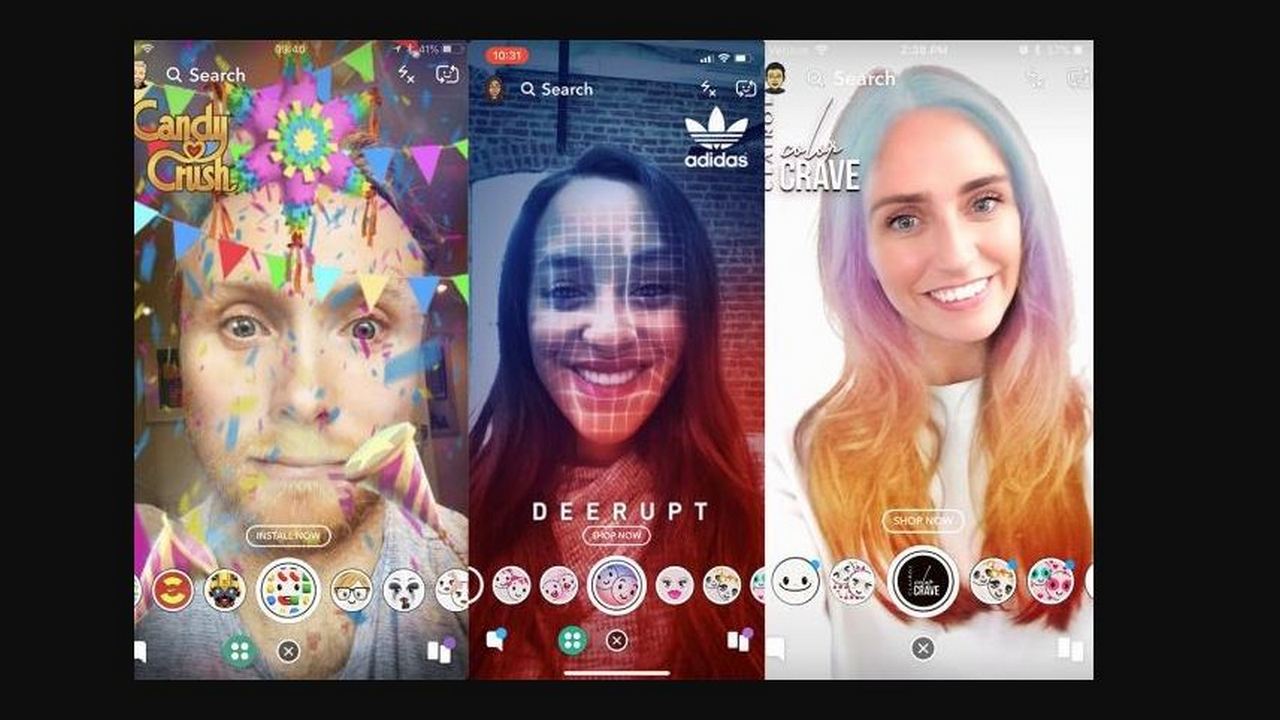 Snapchat ads with a call to action button above the camera button. Image: Snapchat