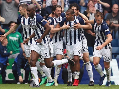 West Bromwich Albion's Salomon Rondon celebrates scoring his side's second goal of the game with teammates. AP