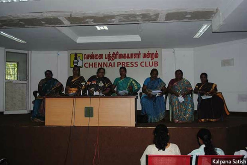 Women leaders from the Tamil Nadu Women Panchayat Presidents’ Federation held a press conference in Chennai in 2011 to highlight the vulnerability of dalit women leaders who are particularly vulnerable, demanding adequate protection from the state. Image courtesy: Indiaspend