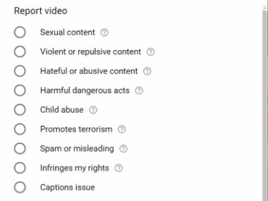 The list of reasons users can choose from while reporting a video